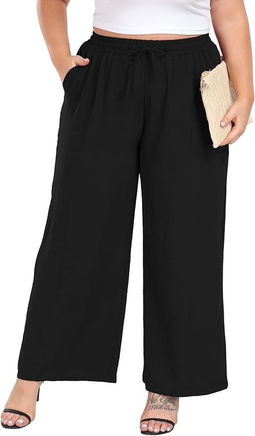 Lastshe Women's Plus Size Wide Leg Pants Summer Stretchy Drawstring Waist Comfortable Fit Casual Trousers Pants with Pockets