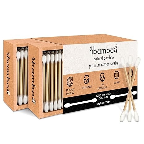 Ibambo 1000 Pack Bamboo Cotton Swabs - Double Tipped Cotton Buds for Ear Cleaning | Bamboo Swabs for Beauty, Personal Care, Arts & Crafts | Hypoallergenic & Ecofriendly, Suitable for All Ages and Pets