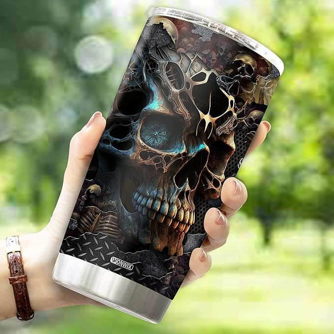 WONWIX Skull Tumbler, Birthday Gifts For Men Who Love Skulls Coffee Mug Cup Christmas Valentine Gift Water Bottle Black Tumblers 20oz Stainless Steel Travel Cups With Lid