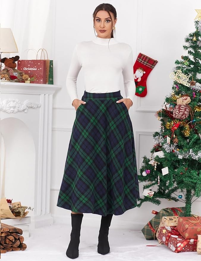 IDEALSANXUN Womens Plaid Wool Skirts Elastic Waist A-Line Pleated Tartan Long Skirts
