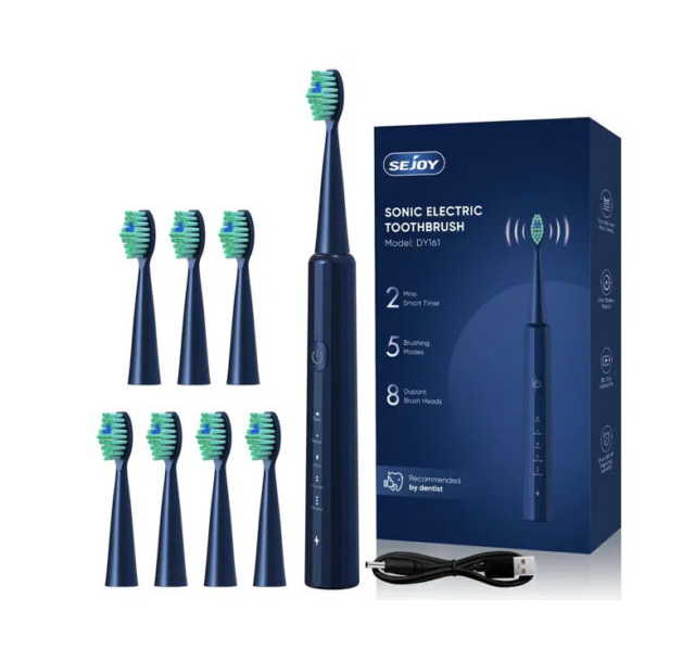 SEJOY Sonic Electric Toothbrush USB Rechargeable W/ 8 Duponts Brush Heads 5Modes