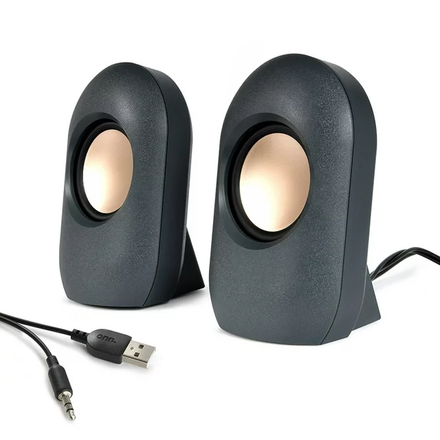 onn. Stereo Speaker with Volume Controls, 3.6 ft 3.5mm Aux with USB Power Cable
