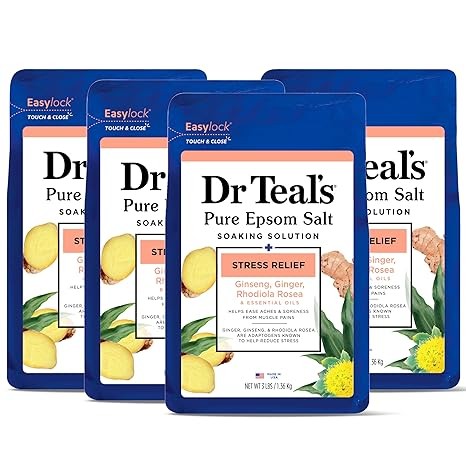 Dr Teal's Pure Epsom Salt Stress Relief with Ginseng & Ginger Essential Oils, 3 lbs (Pack of 4)