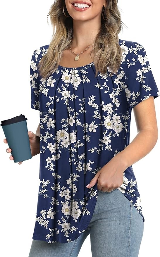 Anymeet 2024 Women's Summer Tunic Top Short Sleeve Casual Tshirts Pleated Loose Blouses for Leggings