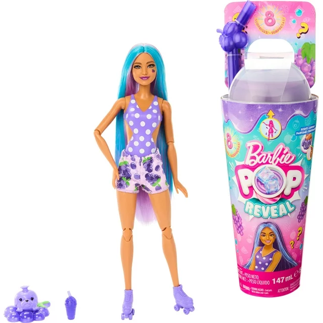 Barbie Pop Reveal Fruit Series Grape Fizz Doll, 8 Surprises Include Pet, Slime, Scent & Color Change