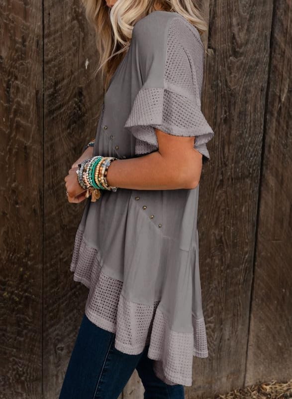 Dokotoo Womens Waffle Knit Tops V-Neck Ruffle Sleeve Blouse Stud Rivet Splicing Shirts