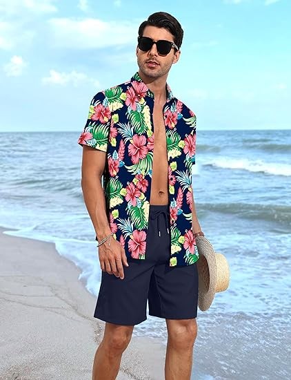 YTD Men's 2 Piece Outfits Tropical Print Short Sleeve Button Down Hawaiian Shirt and Beach Shorts Set