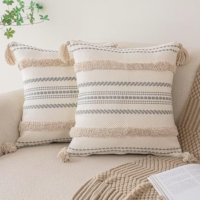 BUIOVBEY Boho Throw Pillow Covers 18x18 Set of 2 Woven Tufted Farmhouse Pillows Cover with Tassels Textured Striped Cushion Case Neutral Pillow Cases Decorative Pillowcase for Sofa, Couch, Bed, Khaki