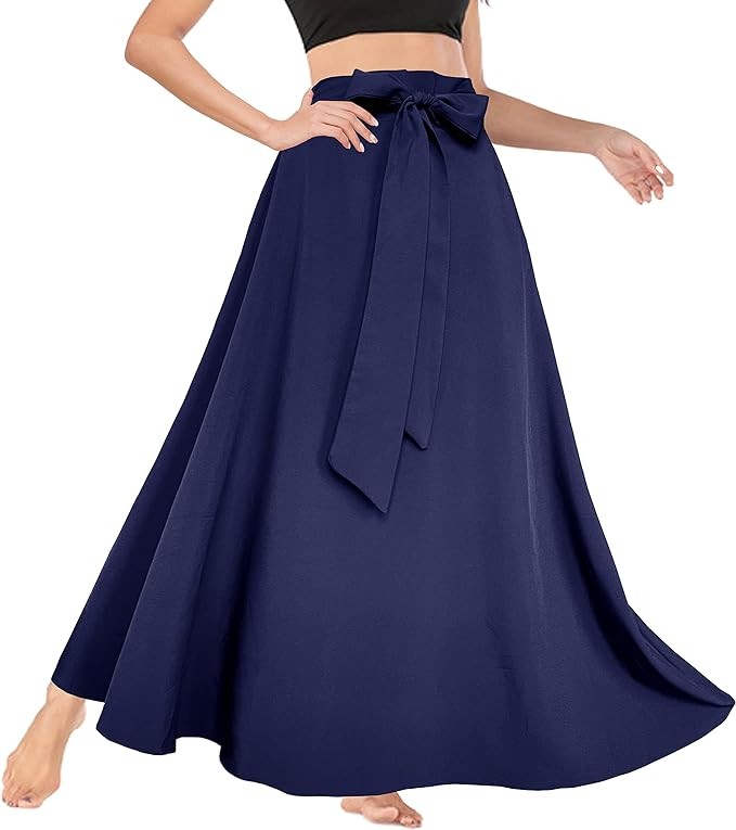 Afibi Women's High Waist Skirt Tie Front A-Line Flowy Long Maxi Skirts with Pockets