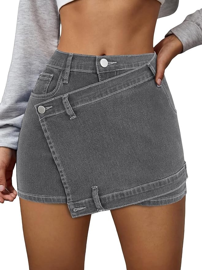 Fisoew Womens Summer Denim Skirt Casual Asymmetrical Hem Skorts Bodycon Jean Shorts
