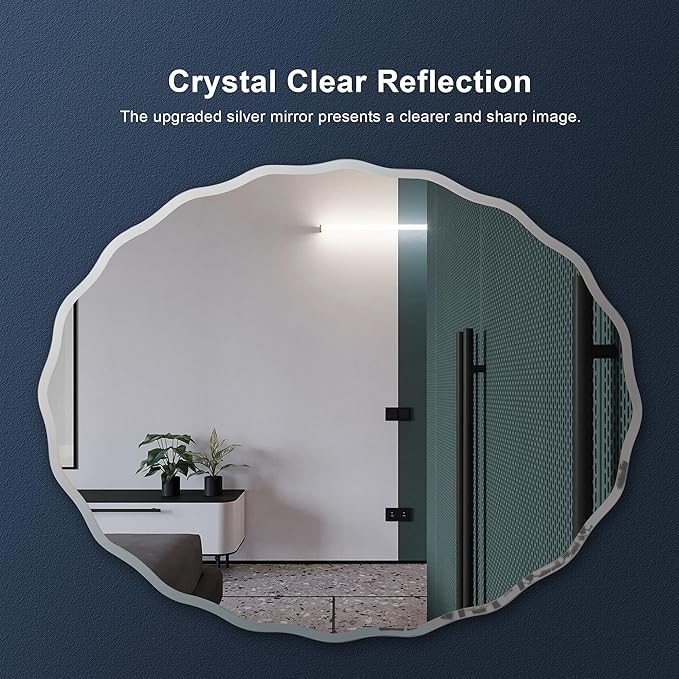 FRALIMK Frameless Bathroom Oval Wall Mirror, 24x30 inch Wavy Beveled Wall Mounted Silver Mirror for Living Room, Bedroom, Entryway