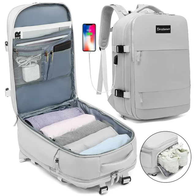 Derstuewe Large Travel Backpack for Women Men, Carry On Backpack for Outdoor Sports , Waterproof Laptop Bag with USB Charging Port, Backpack Flight Approved，Grey