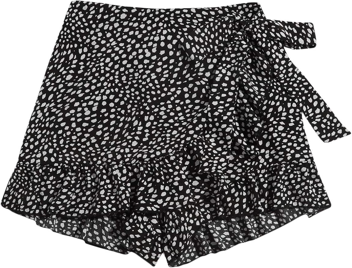 MakeMeChic Women's Boho Floral Print Elastic Waist Ruffle Wrap Tie Skorts Skirt Skorts
