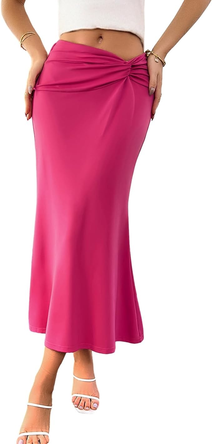 Kate Kasin Women's 2024 High Waist Pencil Skirts Side Knotted Stretch Fishtail Bodycon Maxi Long Skirt for Business Casual