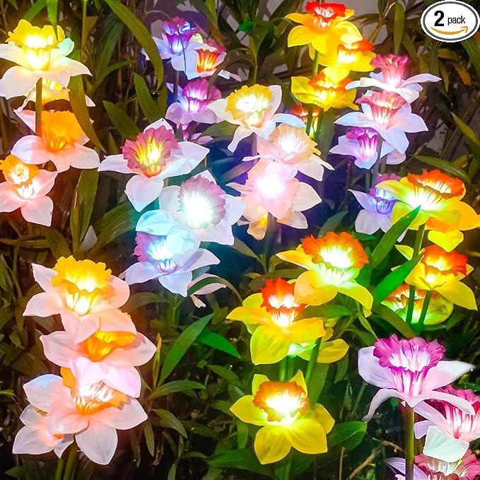 TONULAX Solar Garden Lights, Solar Daffodil Flower Lights, Color Changing Solar Lights for Outdoor, Solar Garden Outside Patio Yard Pathway Decor, Gifts for Mother (2 Pack)
