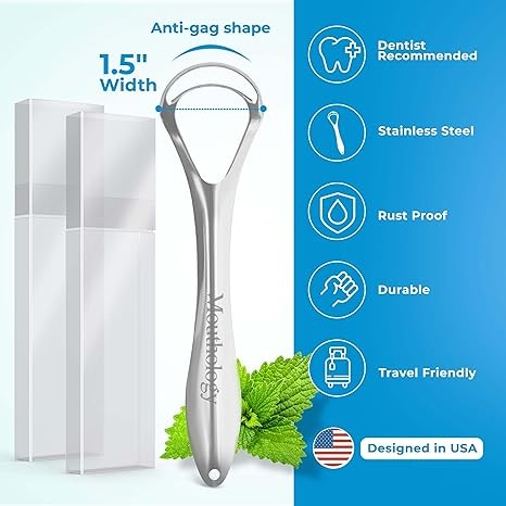 Mouthology Tongue Scraper for Adults, Stainless Steel Metal Tongue Scraper for Tongue Cleaning and Reducing Bad Breath, Handle Tongue Scraper for Oral Care with Case, Reusable (2 Pack)