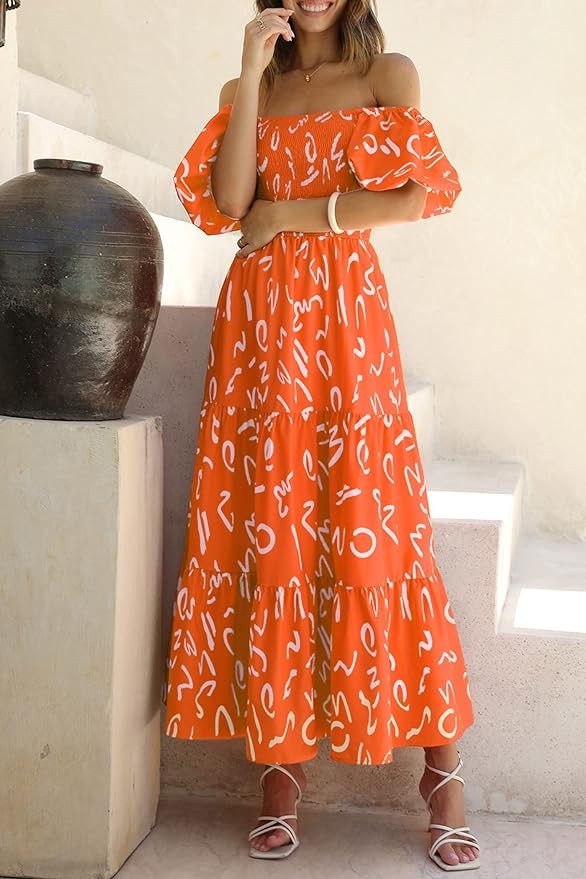 Pretty Garden Womens Summer Puffy Short Sleeve Square Neck Smocked Tiered Ruffle Midi Dress