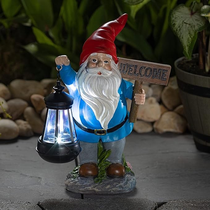 VP Home Welcome Gnome with Lantern Solar Powered LED Outdoor Decor Garden Light (Red Hat) Welcome gnome Statues Outdoor gnome Decor Funny Figurine Decor for Outside Patio, Yard, Lawn